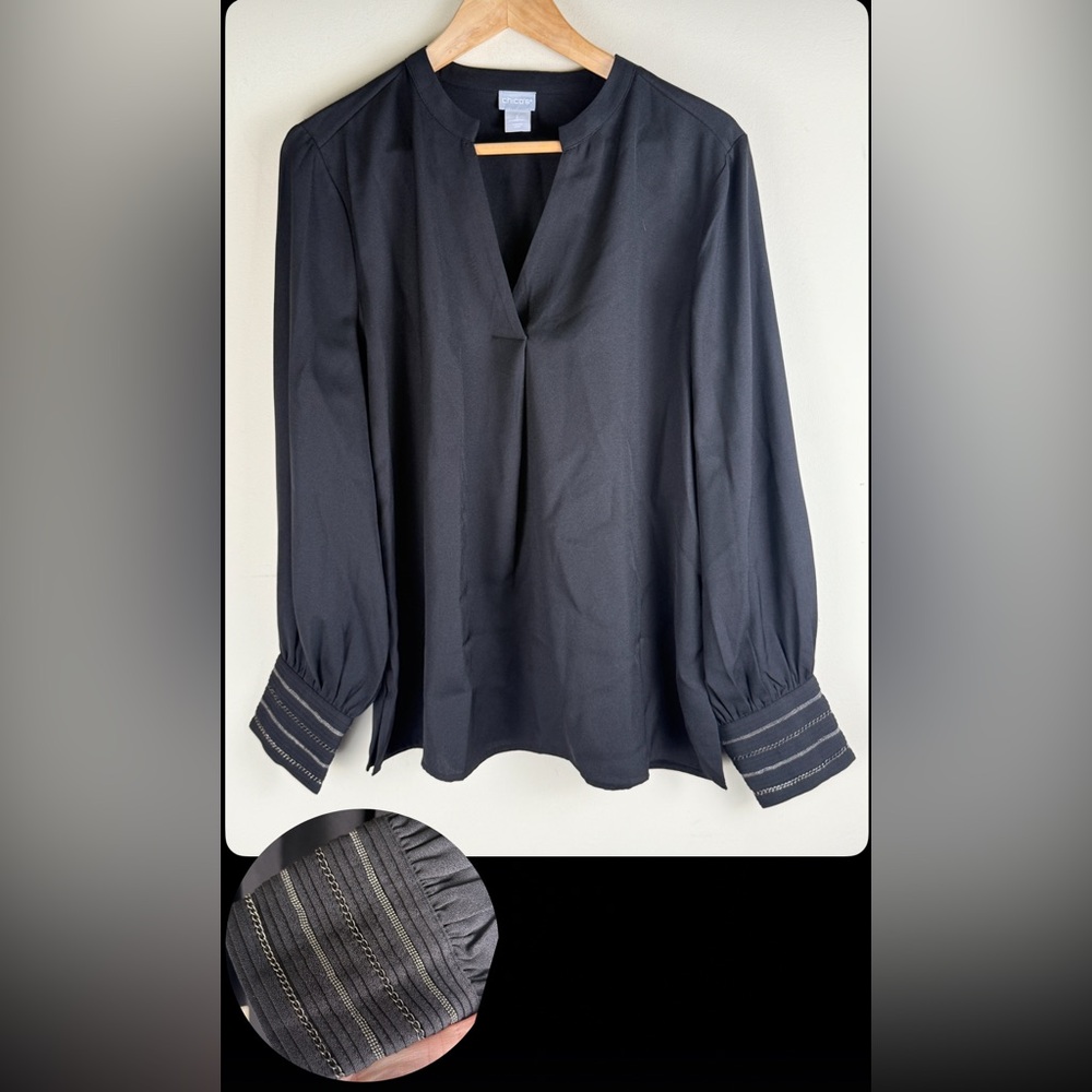 Chico's Sz 2(12/14) Black Long Sleeve Textured Blouse Chain‎ Cuff Career Holiday